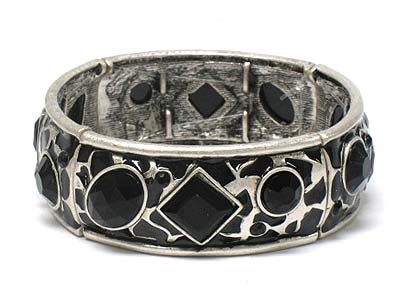 Facet cut acryl stone and enamel deco metal stretch bangle