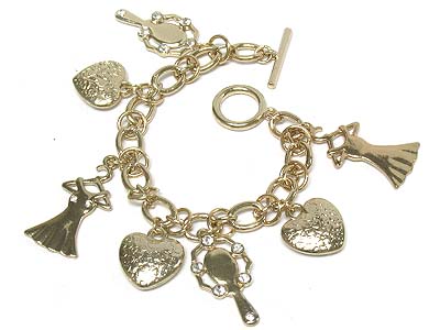 Crystal deco skirt heart and mirror charm toggle bracelet