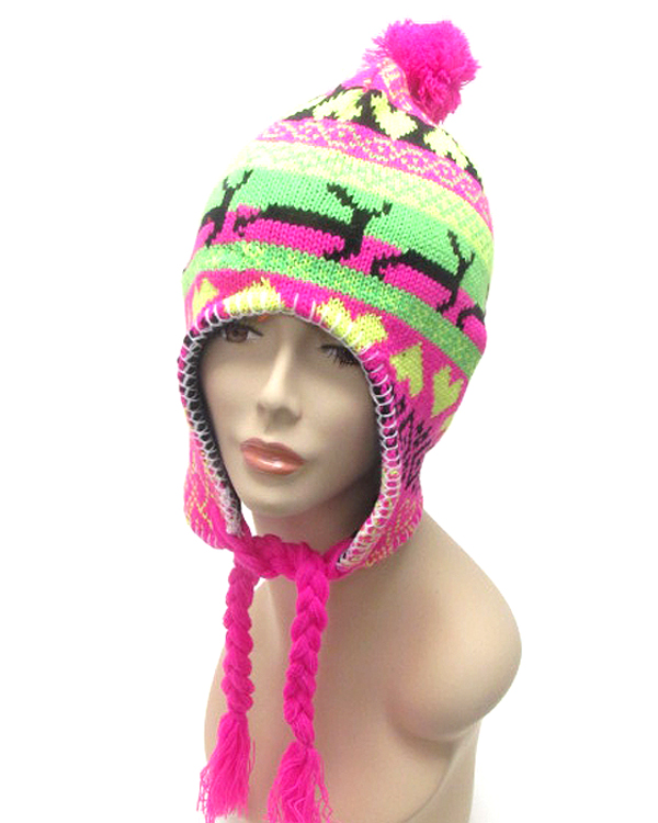 Knitted neon color fashion ear flap winter hat