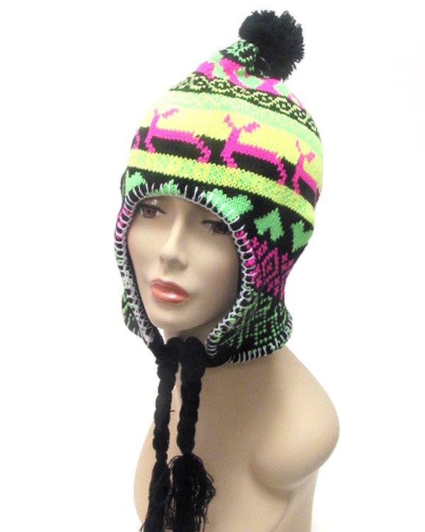 Knitted neon color fashion ear flap winter hat