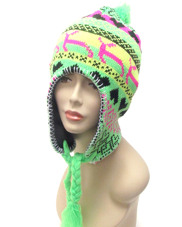 Knitted neon color fashion ear flap winter hat