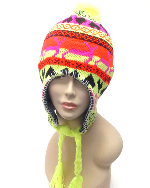 Knitted neon color fashion ear flap winter hat