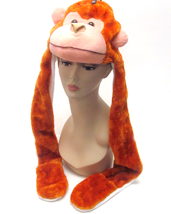 Plush animal winter hat with attached mitten glov - monkey