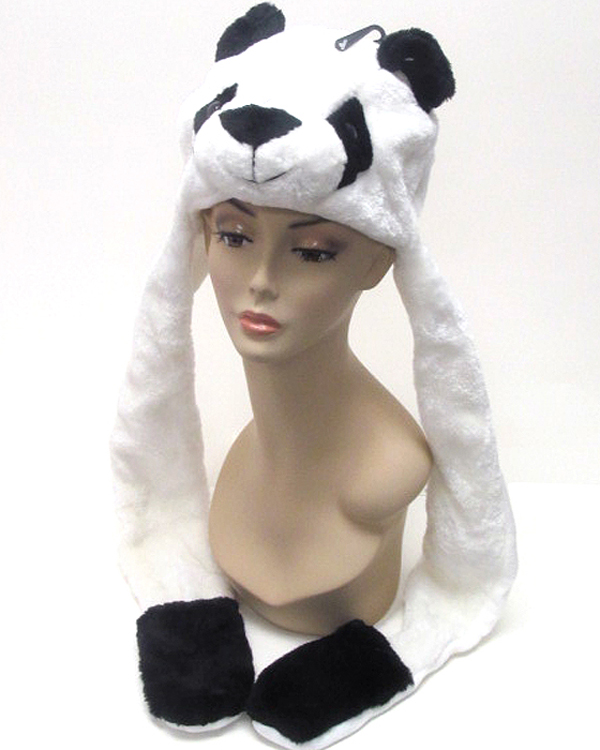 Plush animal winter hat with attached mitten glove  - panda