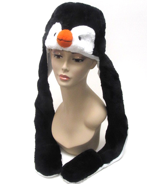 Plush animal winter hat with attached mitten glove  - penguin