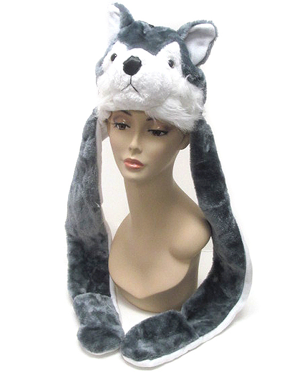 Plush animal winter hat with attached mitten glove  - husky