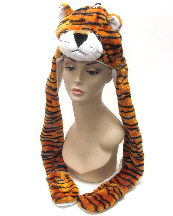 Plush animal winter hat with attached mitten glove  - tiger