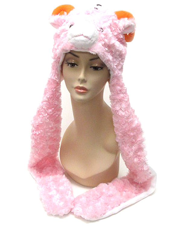 Plush animal winter hat with attached mitten glove  - lamb