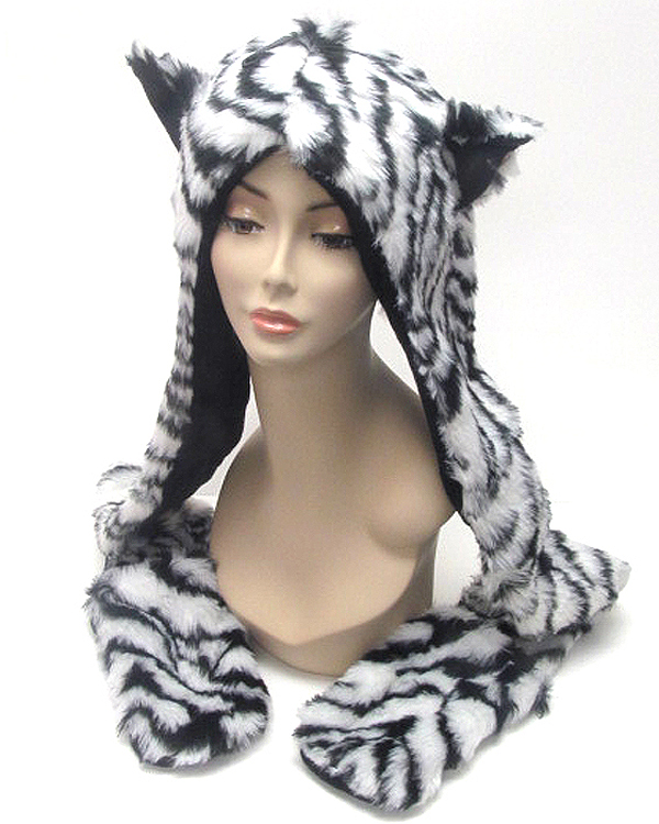 Animal full winter hat or hood with attached mitten glove