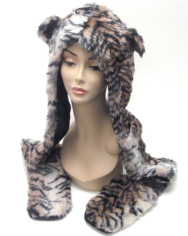 Animal full winter hat or hood with attached mitten glove