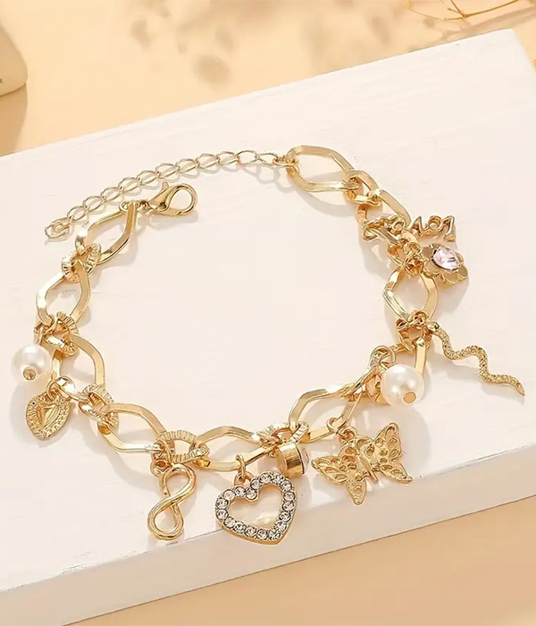 Multi charm bracelet - heart butterfly