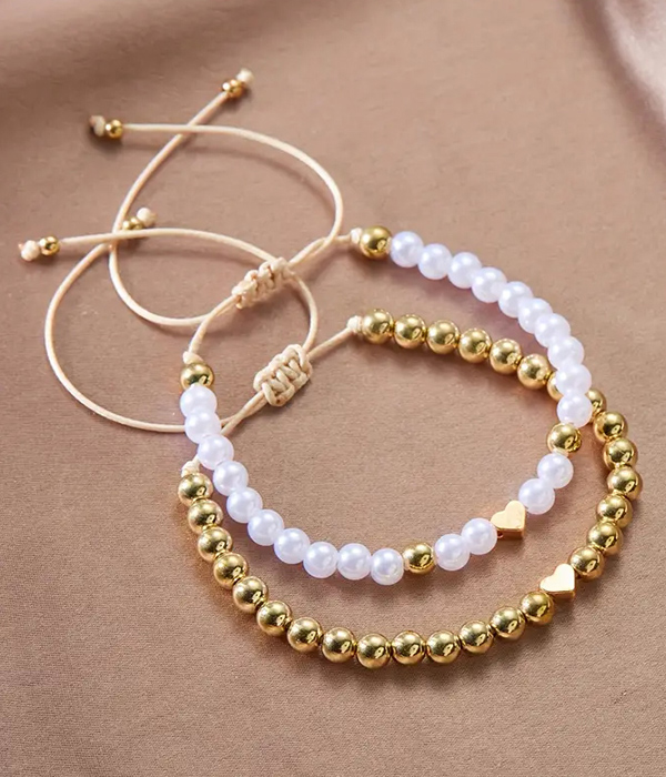 Pearl and metal ball double pull tie bracelet set