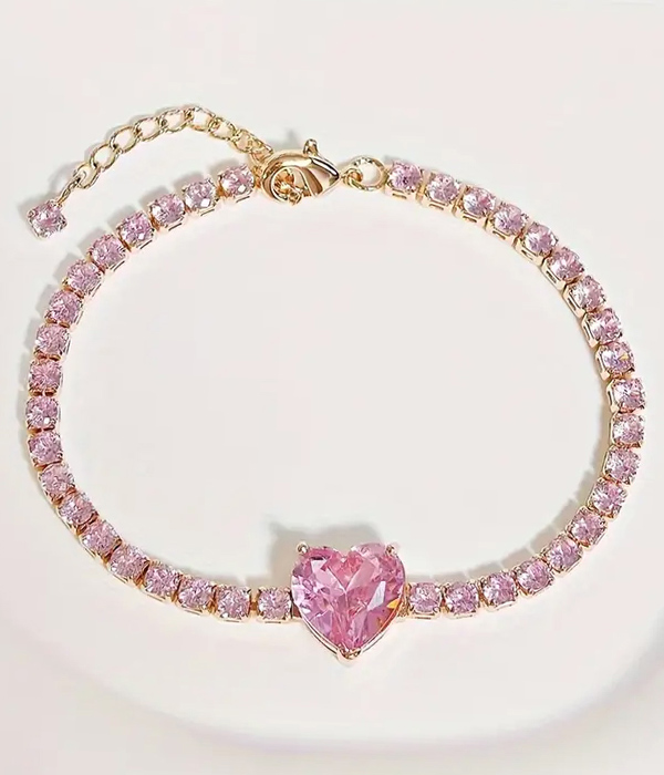 Cubic zirconia heart and rhinestone chain bracelet