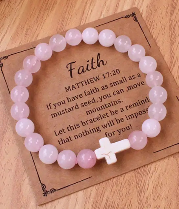 Cross and ball stone stretch bracelet - faith