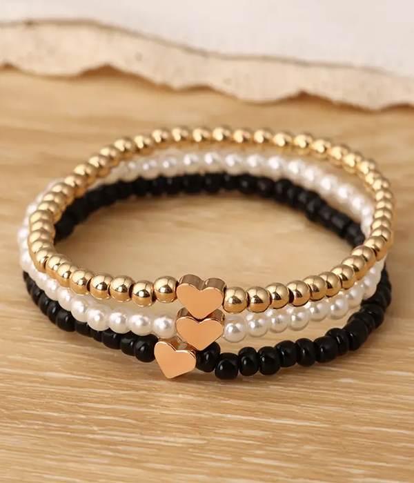 Multi ball bead 3 piece heart bracelet set