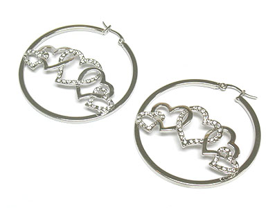 Crystal and plain heart in hoop earring - hoops