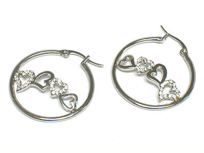 Crystal and plain heart in hoop earring - hoops