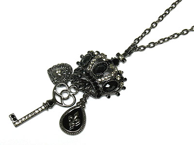 Crystal crown heart key and fluer de lies necklace