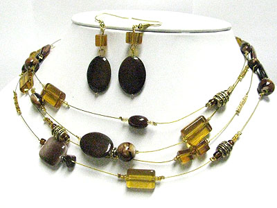 Glass and ceramic stone multi wire necklace earring set