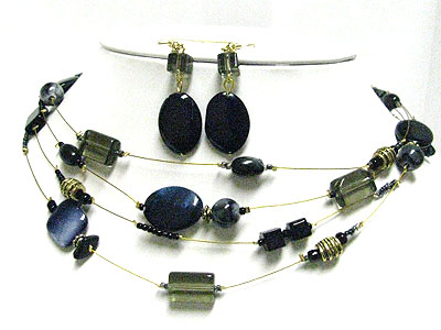 Glass and ceramic stone multi wire necklace earring set