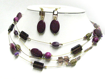 Glass and ceramic stone multi wire necklace earring set