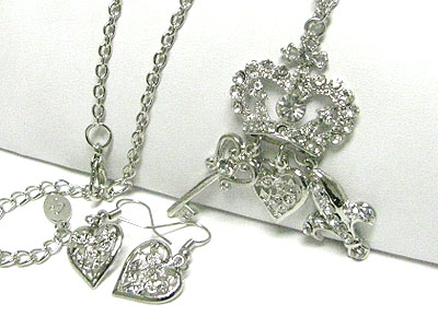 Crystal crown and fler de lis pendant necklace earring set