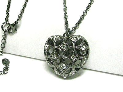 Crystal stud metal mesh heart pendant long necklace