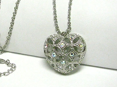 Crystal stud metal mesh heart pendant long necklace