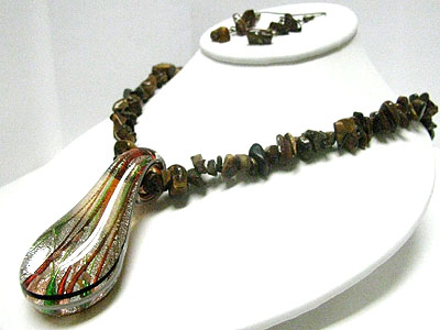 Murano glass pendant natural chip stone neckalce earring set