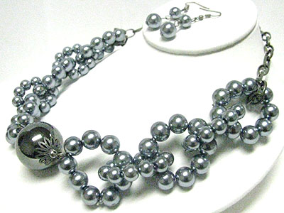 Multi pearl ball hoop link neckalce earring set - hoops