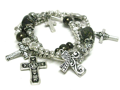 Patina stone and metal cross charm stretch bracelet