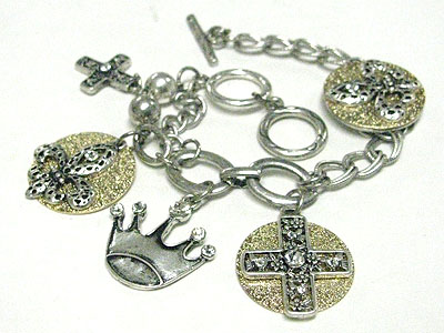 Crystal stud crown and fleur de lis dangle multi chain bracelet