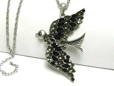 Crystal feather bird pendant long necklace