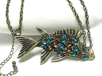 Crystal scale fish pendant long necklace