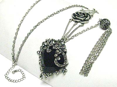 Burnish metal flower and crystal deco stone drop long necklace