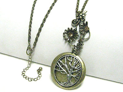 Vintage style burnish metal flower and tree charm long necklace