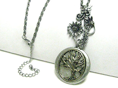 Vintage style burnish metal flower and tree charm long necklace