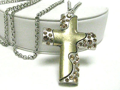 Crystal stud two tone metal cross pendant necklace