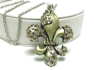 Crystal stud two tone metal fleur de lis pendant necklace