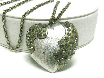 Crystal stud two tone metal heart pendant necklace