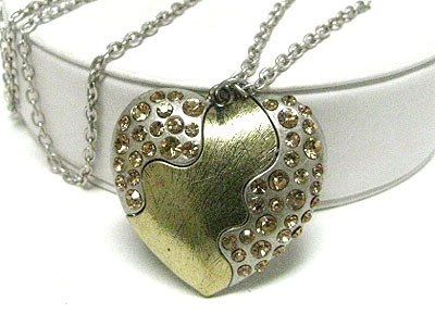 Crystal stud two tone metal heart pendant necklace