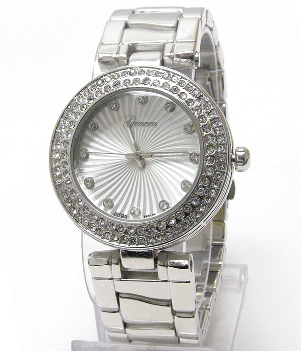 Omega inspired swarovski crystal metal band watch