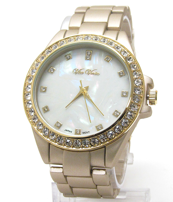 Swarovski crystal and mother of pearl face ionized color metal band watch