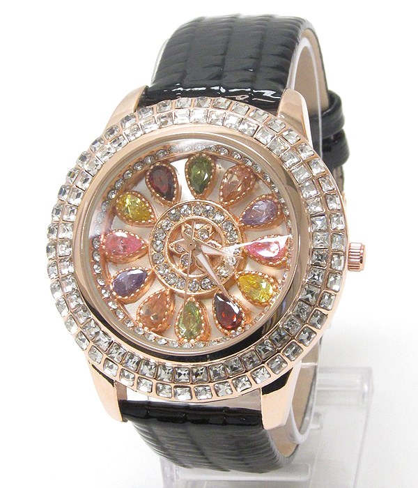 Luxury swarovski crystal and gem stone deco leather band jewel watch