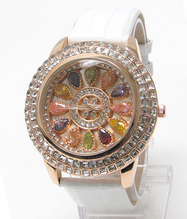 Luxury swarovski crystal and gem stone deco leather band jewel watch