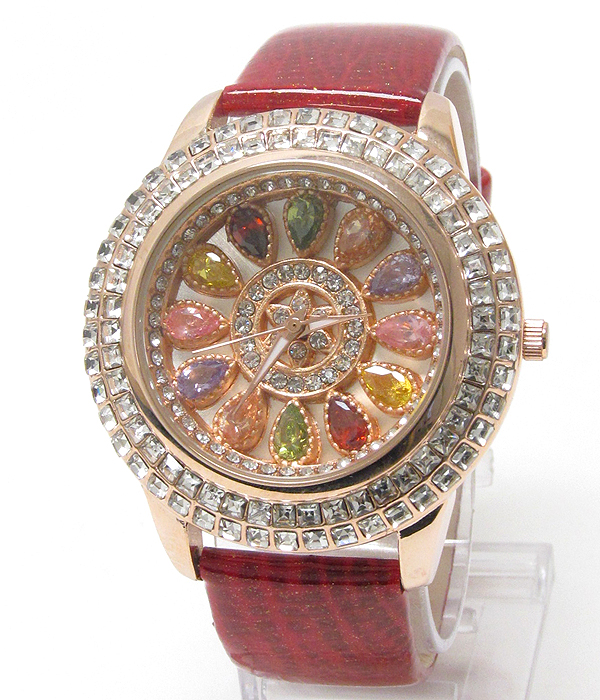 Luxury swarovski crystal and gem stone deco leather band jewel watch