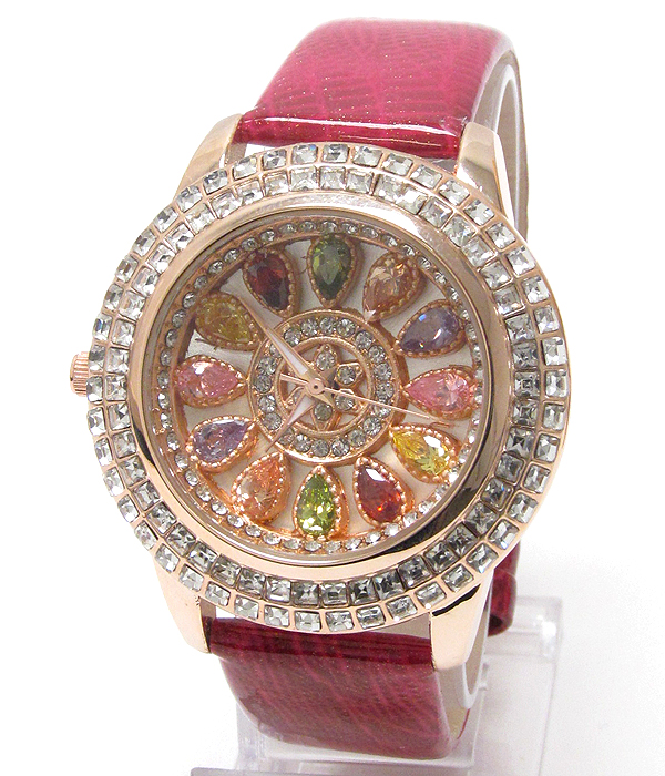 Luxury swarovski crystal and gem stone deco leather band jewel watch