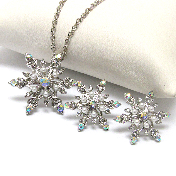 Crystal and pearl deco christmas snowflake necklace earring set