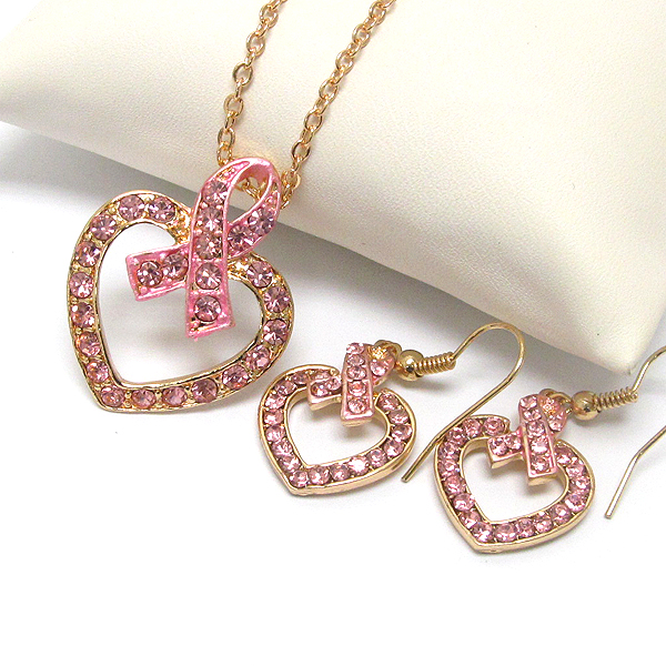 Crystal deco pink ribbon and heart necklace earring set - breast cancel awareness