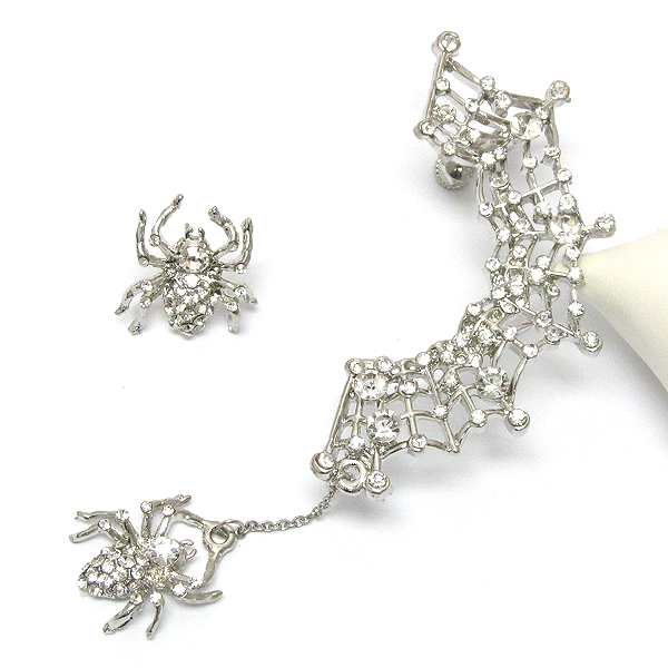 Crystal web and spider drop halloween earcuff